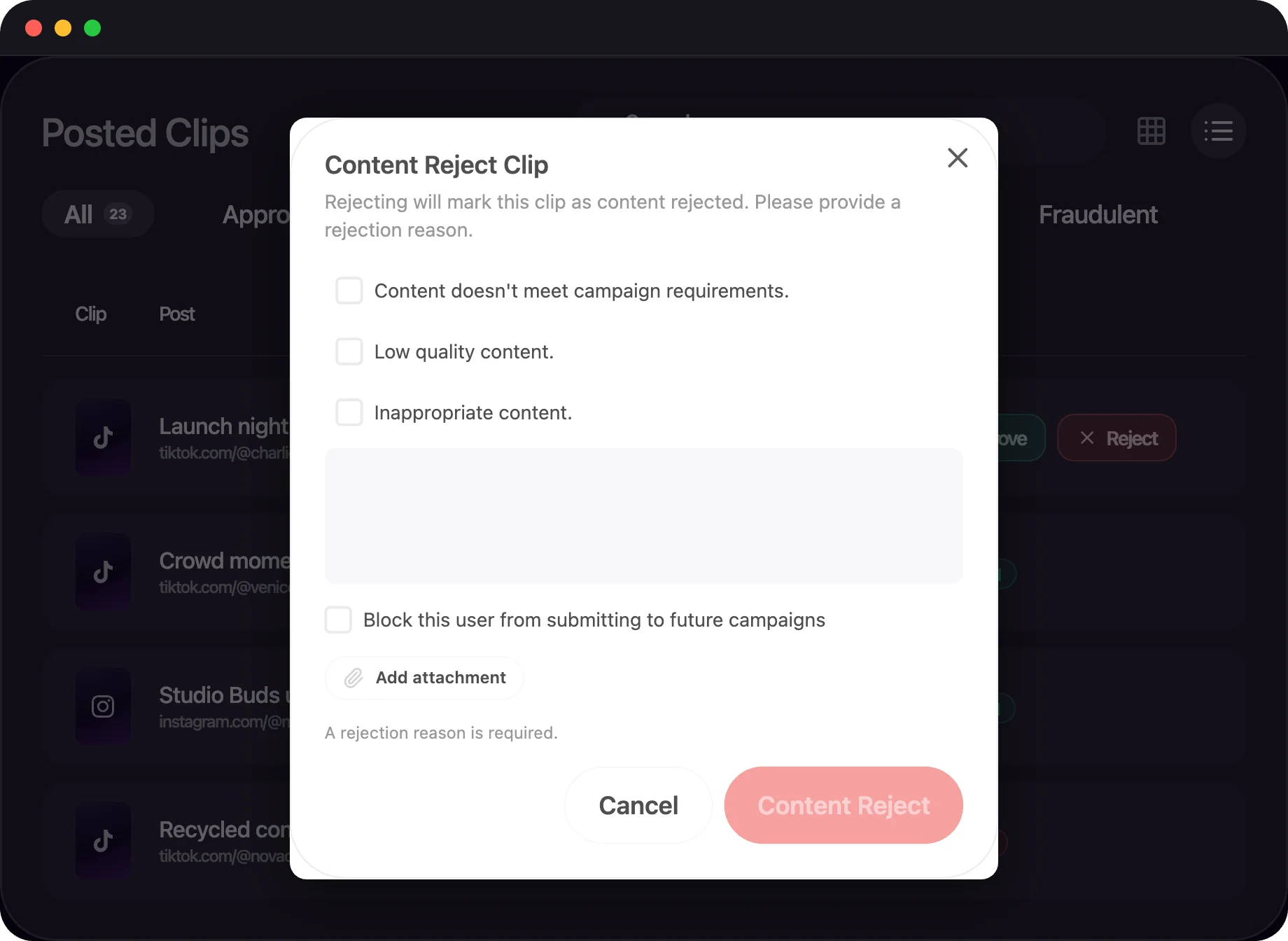 Enforced rejection-reason dialog